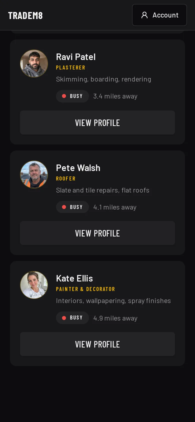 TradeM8 customer search screen with privacy-safe demonstration data