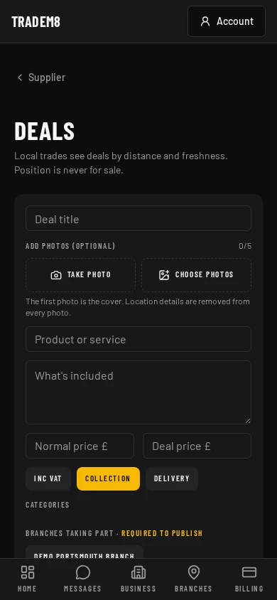 TradeM8 deal editor screen with privacy-safe demonstration data