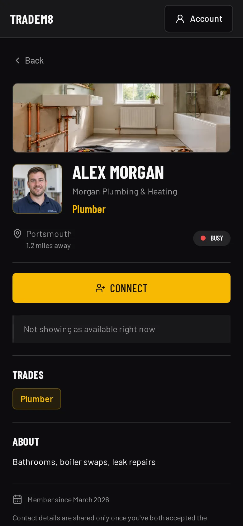 TradeM8 profile screen with privacy-safe demonstration data