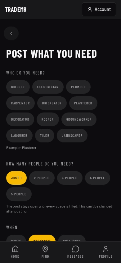TradeM8 job screen with privacy-safe demonstration data