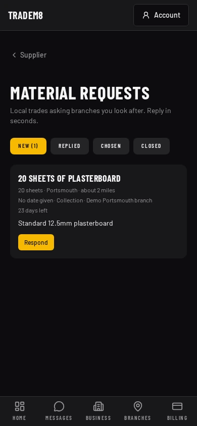 TradeM8 requests screen with privacy-safe demonstration data