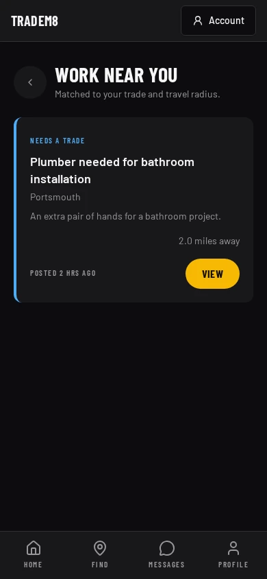 TradeM8 work screen with privacy-safe demonstration data
