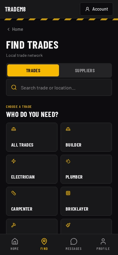 TradeM8 find screen with privacy-safe demonstration data