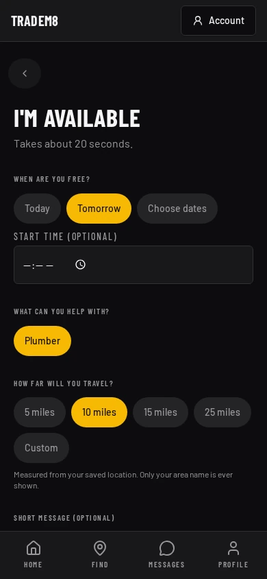 TradeM8 availability screen with privacy-safe demonstration data
